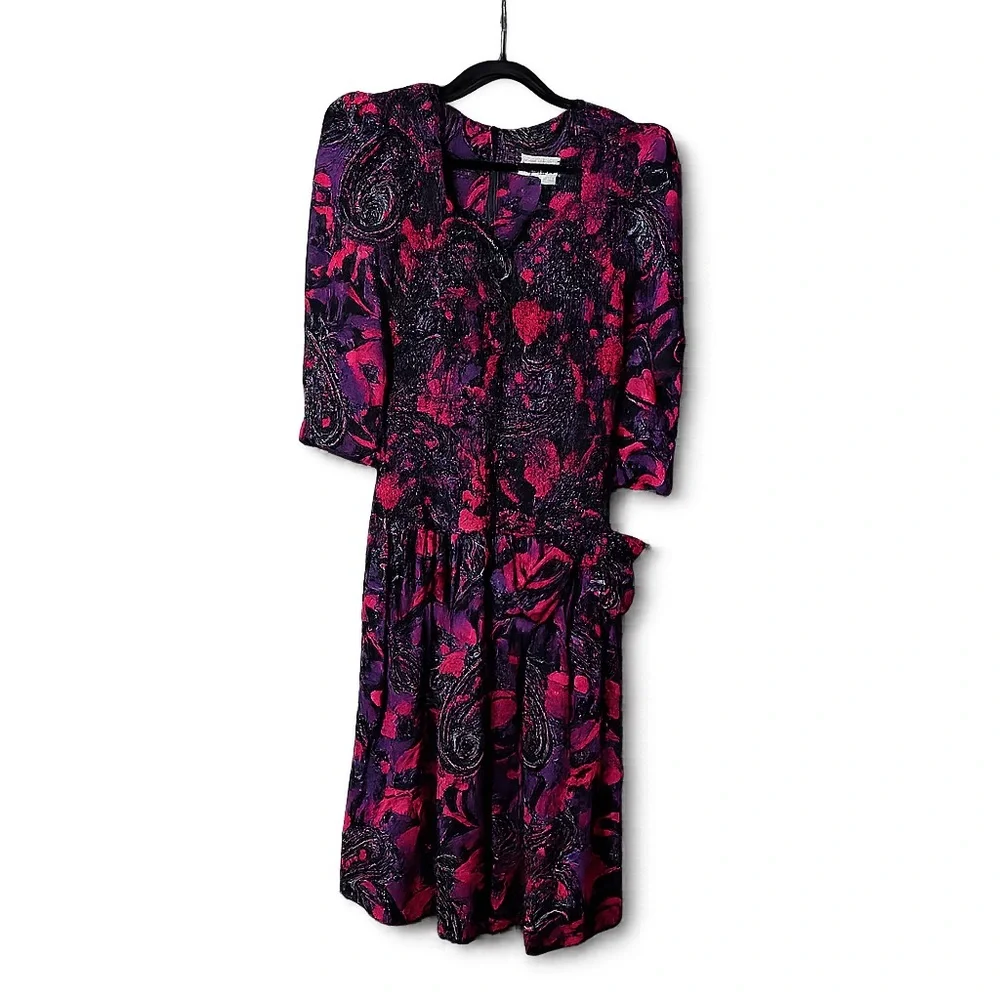 Vintage 1990s Paisley Drop Waist Midi Dress Purple Pink Bow Detail Boho - Picture 2 of 12